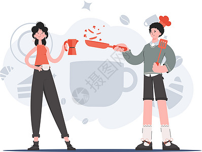 一男一女在全面成长中站立 并持有咖啡壶和煎锅 咖啡店 演讲要点 网站图片