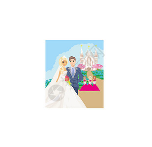 在教堂前结婚的情侣玫瑰男性微笑绘画花朵客人朋友们幸福新娘婚姻图片
