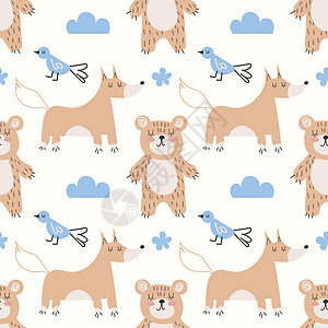 森林无缝模式与可爱的动物-狐狸 熊 鸟 矢量图 斯堪的纳维亚风格的平面设计 儿童概念 纺织印花 海报 卡片 EPS图片