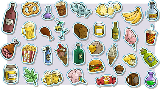 卡通快餐和饮料 矢量图标标签贴纸锥体玉米水果稻草街道食物火鸡蜂蜜冰淇淋图片