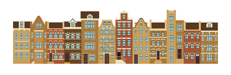 欧洲老房子的一行 矢量图形插图在白色上孤立图片