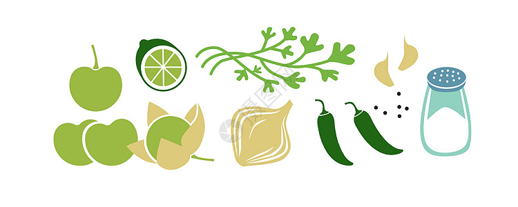 萨尔萨动脉或绿萨尔萨的新鲜原料成分 水平矢量插图在白色上隔离图片