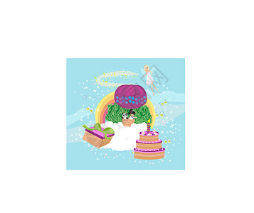 可爱的生日卡蛋糕女孩故事假期织物孩子卡通片天空派对明信片图片