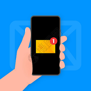 手持电话 在蓝色背景上以邮件邮寄新信息 矢量插图收件箱营销男人网络互联网技术按钮细胞手机电子邮件图片