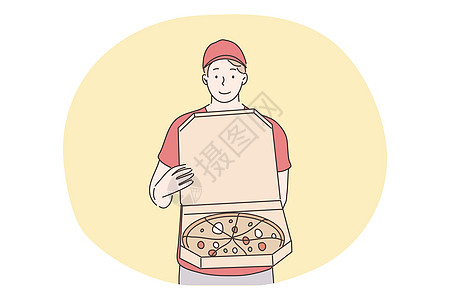 比萨 家庭快餐交付概念男生送货工人学生插图微笑卡通片餐厅男性食物图片