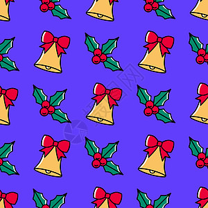 圣诞风顺无缝的图案 在紫色背景上有霍利和手铃 带红丝带的卡通风格图片