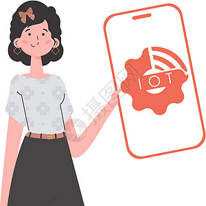 妇女手里拿着一个带有IoT标志的电话 互联网上的东西和自动化概念 平式矢量插图;以及图片