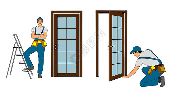 上门维修等距模板 建设者和工具 穿着制服的修理工拿着窗户 Builder 蹲在门扇处 修理门把手 矢量平面 3d 插图图片