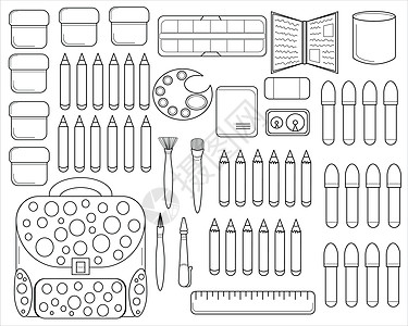 为学校准备的各种东西 水粉 蜡笔 水彩画 笔记本 记号笔 铅笔 刷子 钢笔 背包 尺子 橡皮 卷笔刀 盛水的容器 书本 调色板图片