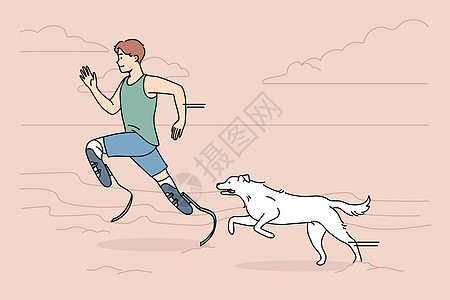 配有假肢腿的运动员与狗一起跑图片