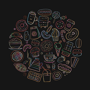 咖啡店菜单元素 甜品和糖果 手为设计绘制草图插图小吃羊角卡通片杯子烘烤收藏蛋糕餐厅食物图片