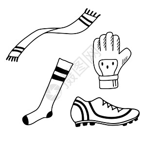 手画运动袜 鞋和围巾 面条黑色足球物体的轮廓在白色背景中被孤立 矢量插图图片