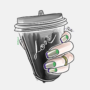 长指甲的女用手握着一杯有咖啡和时装指甲设计的杯子美甲化妆品女孩插图沙龙艺术草图海报女性标识图片