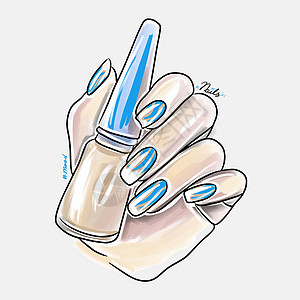 长指甲的女性手握着指甲油 时装指甲设计情绪海报蓝色标识女孩魅力美甲沙龙草图化妆品图片