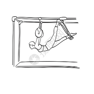 艺术线女性挂在酒吧上 在健身房用绳子绑着绳子画插图时 用白色背景被孤立的矢量手画出来图片