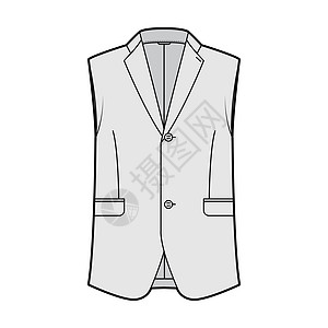 无袖夹克翻领背心背心技术时尚插图 带单排扣 纽扣闭合 口袋身体领带计算机办公室运动工作男人小样设计马甲图片