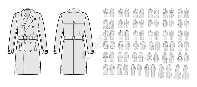 一套外套 夹克 外衣技术时尚插图 带有超大 厚 罩领 长袖 口袋图片