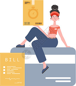 女信使坐在一张银行卡上 拿着一个盒子 在家送货的概念 孤立的 卡通风格 矢量图片
