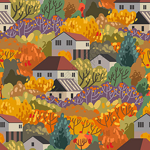 秋天无缝图案 矢量图示与秋天的情绪打印墙纸插图花园建筑卡通片织物建筑学手绘树叶图片