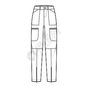 一套降落伞裤技术时尚图示 用正常腰部 起身 口袋 带环 全长度尼龙牛仔裤计算机腰带服装小样规格裤子孩子们女士图片