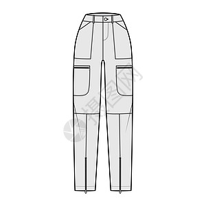 一套降落伞裤技术时尚图 用正常腰部 高身 口袋 安全带环 全长度来说明纺织品孩子们裤子计算机腰带尼龙加油机女孩小样男人图片