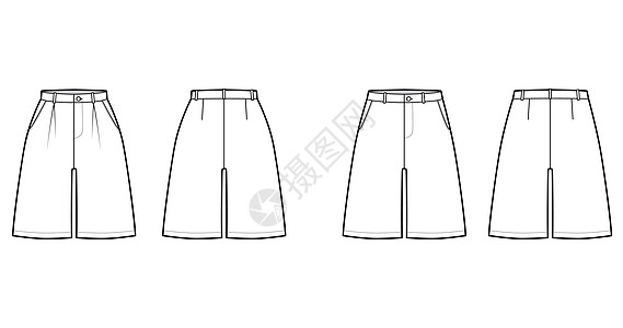一套短裤袋式的百慕大人穿着裤子长裤 用膝盖长度 单首饰 正常腰部低档等技术时装插图图片
