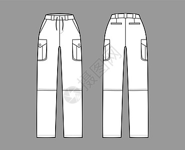 一套可兑换裤子技术时装图解 用正常腰 高上 箱式货物倾卸口袋绘制设计棉布女性腰部女士盒子工装裤孩子们慢跑者小样图片