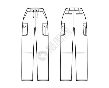 一套可兑换裤子技术时装图解 用正常腰 高上 箱式货物倾卸口袋绘制敞篷车绘画女孩们盒子纺织品腰带小样男人计算机孩子们图片
