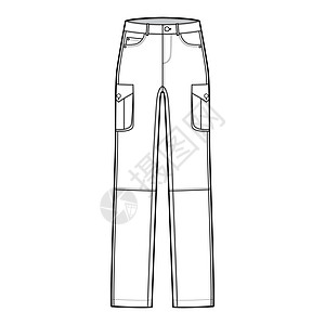 Denim裤式技术时装图示 低腰 上下 口袋 带环 全长度裤子男人服装女孩工装裤女孩们绘画规格腰部加油机图片