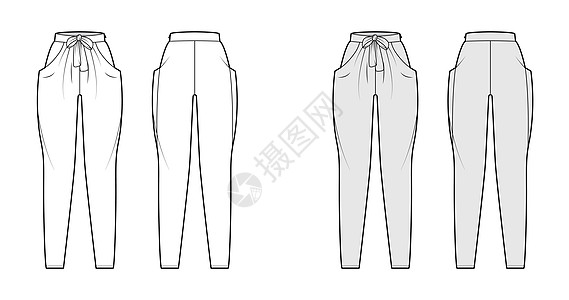 Harem裤子技术时装说明 用弓 正常腰 高身 斜口袋 前排和全长度图片