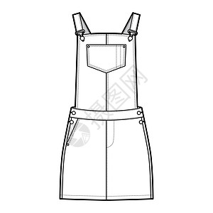 Dungaree 着戴尼姆穿Denim 整个跳衣技术时装图示 用小长 正常腰 高起 口袋规格裤子女性绘画计算机工作服装纺织品连衣图片