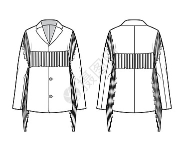 牛仔外套西方夹克技术时装插图 有边缘 超大 长袖 戴标记的项圈 打开按钮航班运动袖子女士设计棉布纺织品运动装男生绘画设计图片