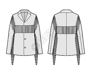 牛仔外套西方夹克技术时装插图 有边缘 超大 长袖 戴标记的项圈 打开按钮大衣外套女性小样纺织品织物棉布女士衣服袖子设计图片