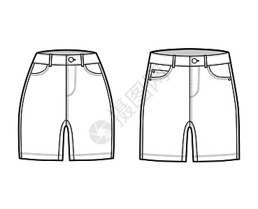 Denim短裤系列技术时装图 以中高长度 正常低腰 高低上5口袋图片