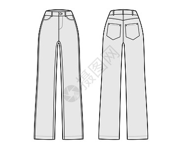 直径的Jeans Denim裤子技术时尚图 全长 正常腰 高身 5个口袋 里维特人孩子们工装裤女士设计草图棉布衣服加油机服饰男人图片