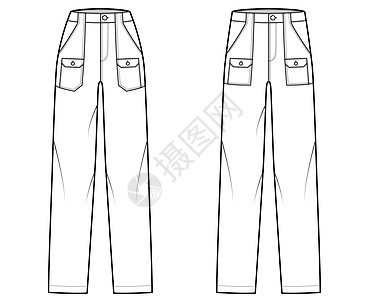 Denim裤子技术时装图示 用普通的低腰 补丁和波纹袋式货袋图片