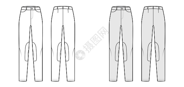 一套让·肯塔基·约德普尔斯·德尼姆裤子技术时装图 用低腰 高胸 口袋 全长度图片