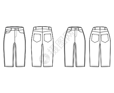 一套Denim短裤技术时装插图 用膝长 正常的低腰 高起 角度5口袋来说明绘画磁带大腿牛仔裤计算机草图服饰棉布纺织品女士图片