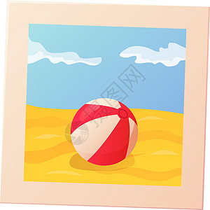 沙滩球的照片 红色 黄色 蓝色条纹橡胶玩具图标 夏季休闲 水上或沙子游戏概念 在现实卡通风格的白色背景上孤立的股票矢量插图图片