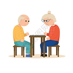 祖父母玩跳棋 老年人 平方矢量插图图片