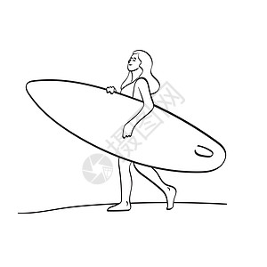身穿泳衣的妇女拿着冲浪板 在海滩上走来走去 用白色背景线艺术脱落的画作说明性矢量手图片