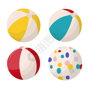 在白色背景隔绝的五颜六色的沙滩球的汇集 多种颜色的沙滩球 平面矢量图水池带子足球假期海滩空气橡皮喜悦气球乐趣图片