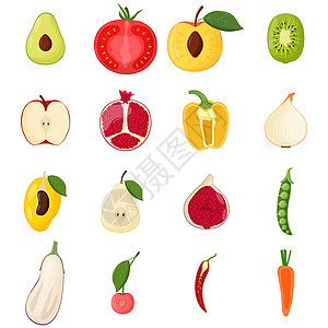 一套半水果和蔬菜 素食 健康饮食理念 鳄梨 桃子 无花果 樱桃 奇异果 梨 胡椒 西红柿 平面矢量图图片
