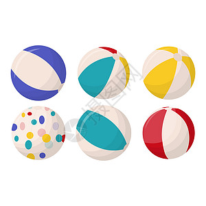 在白色背景隔绝的五颜六色的沙滩球的汇集 多种颜色的沙滩球 平面矢量图带子旅游气球运动闲暇假期玩具海滩活动彩虹图片