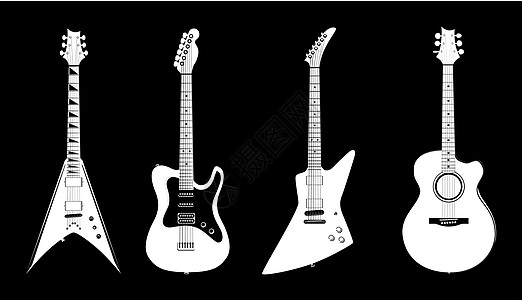 声波和电吉他白色 - 以黑色隔离的矢量插图图片