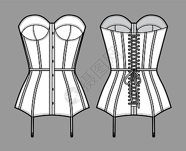 胸围内衣技术时装图解 用塑胶杯 背带带和挂着的吊袜子设计插图带子比基尼计算机小样草图女性服装胸衣图片