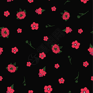 黑色背景 无缝模式的红色花朵;图片