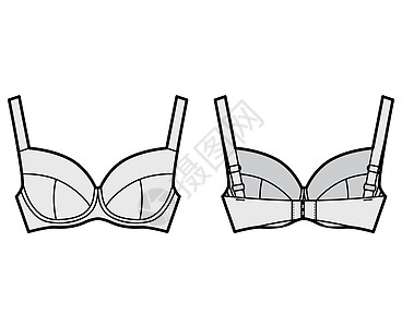 BR全力支持内衣技术时装图解 用完全可调整的宽肩带 钩对眼封闭式丝带胸部胸衣设计草图胸罩女性女士衣服计算机游泳衣图片