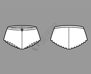 法国短裤技术时装插图 用扇贝边缘 弹性腰带 软内裤和小型短袖内衣瑜伽男人小样绘画健身房计算机女性游泳衣服装服饰图片