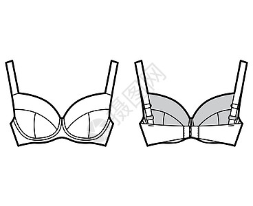 BR全力支持内衣技术时装图解 用完全可调整的宽肩带 钩对眼封闭式丝带比基尼身体运动女士草图胸衣游泳衣设计服装插图图片